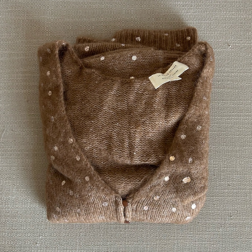 BEST Sezane Lizy Cardigan Camel Gold Polka Dot French Wool Causal - Picture 4 of 9